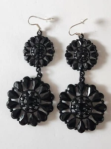 Black Rhinestone Mandala Dangle Pierced Earrings Steampunk Boho Vampire Gothic - Picture 1 of 4