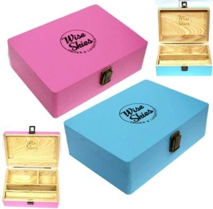 Wise Skies High Quality Wooden Boxes Smoking Box Rolling Station Pink Blue Black - Picture 1 of 13