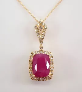 14K Yellow Gold Diamond and Cushion Cut Ruby Halo Pendant Necklace 18" Chain - Picture 1 of 5