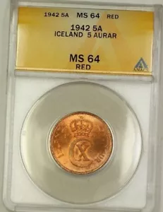 1942 Iceland 5A Five Aurar Copper Coin ANACS MS-64 Red (E) - Picture 1 of 2