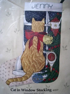 Christmas Candamar Crewel Stitchery Stocking KIT,CAT IN WINDOW,40207,Size 17" - Picture 1 of 9