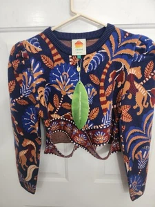 Farm Rio Women's Nature Beauty Knit Puff Sleeve Crop Sweater Top Blue Size L - Picture 1 of 7