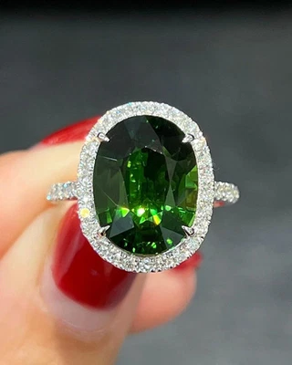 Oval Cut 6.05 Ct Natural Green Tourmaline Diamond Wedding Ring 18K White Gold 7 - Image 1 of 4