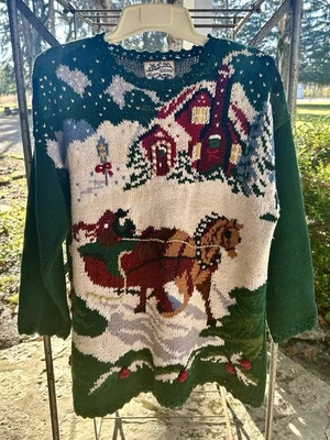 Suéter de Navidad Verde Vintage Reliquia Coleccionables Para Mujer Talla M Paseo en Trineo Foto 1 de 4