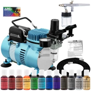Master Airbrush Air Compressor Cake Decorating Kit 12 Chefmaster Food Colors Set - Picture 1 of 5