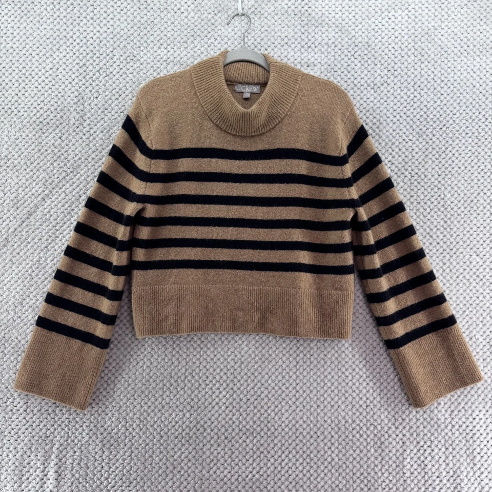 J CREW Sweater Womens XS Brown Black Striped PullOver Mock Neck Boxy Long Sleeve - Image 1 of 4