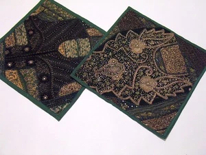 2 Green Indian Pillow Covers Sari Home Decor Decorator Designer Bed Cushions - Picture 1 of 1