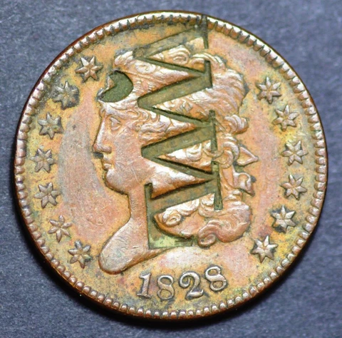 1828 United States, Classic Head Half Cent, Counterstamped, WML, KM# 41 Cover