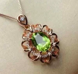 2Ct Oval Cut Simulated Green Peridot Flower Charm Pendant 14K Rose Gold Plated - Picture 1 of 6