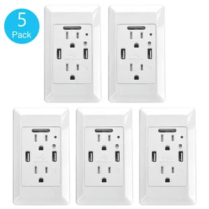 Wall Outlet Receptacles with LED Night Lights Dual High Speed 4.2A USB Port 5Pcs - Picture 1 of 12