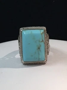 LARGE EMERALD CUT TURQUOISE AND STERLING SILVER RING SIGNED SZ 7.5 SOUTHWESTERN - Bild 1 von 5