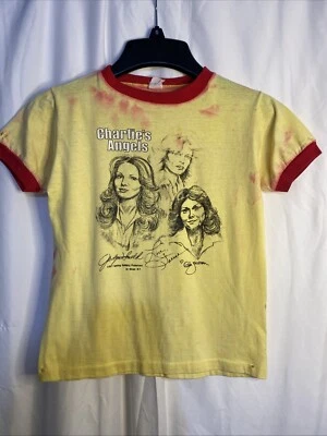 Charlies Angels Sketched Yellow Ringer  T-shirt 1977 Spelling Productions Kids L - Image 1 of 4