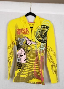 Crystal Rock by Christian Audigier Hoodie S Yellow Mask Butterfly Rhinestone Y2K - Picture 1 of 10