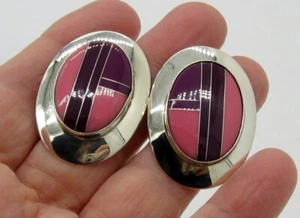 Estate Vintage Huge Sterling Silver Sugilite Purple Pink Inlaid Pierced Earrings - Picture 1 of 4