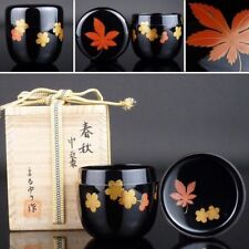 NATSUME Japanese Lacquer Wooden Tea Caddy Echizen-nuri Sakura and Maple Makie