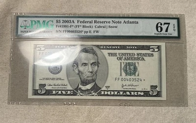 2003 $5 Federal Reserve STAR Note HIGH GRADE! PMG Superb Gem Unc 67EPQ - Image 1 of 2