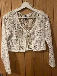 H&M Cream Crochet Long-Sleeved Tie-front Cardigan Beach Cover-Up UK Size S/ 6-8 - Picture 1 of 3