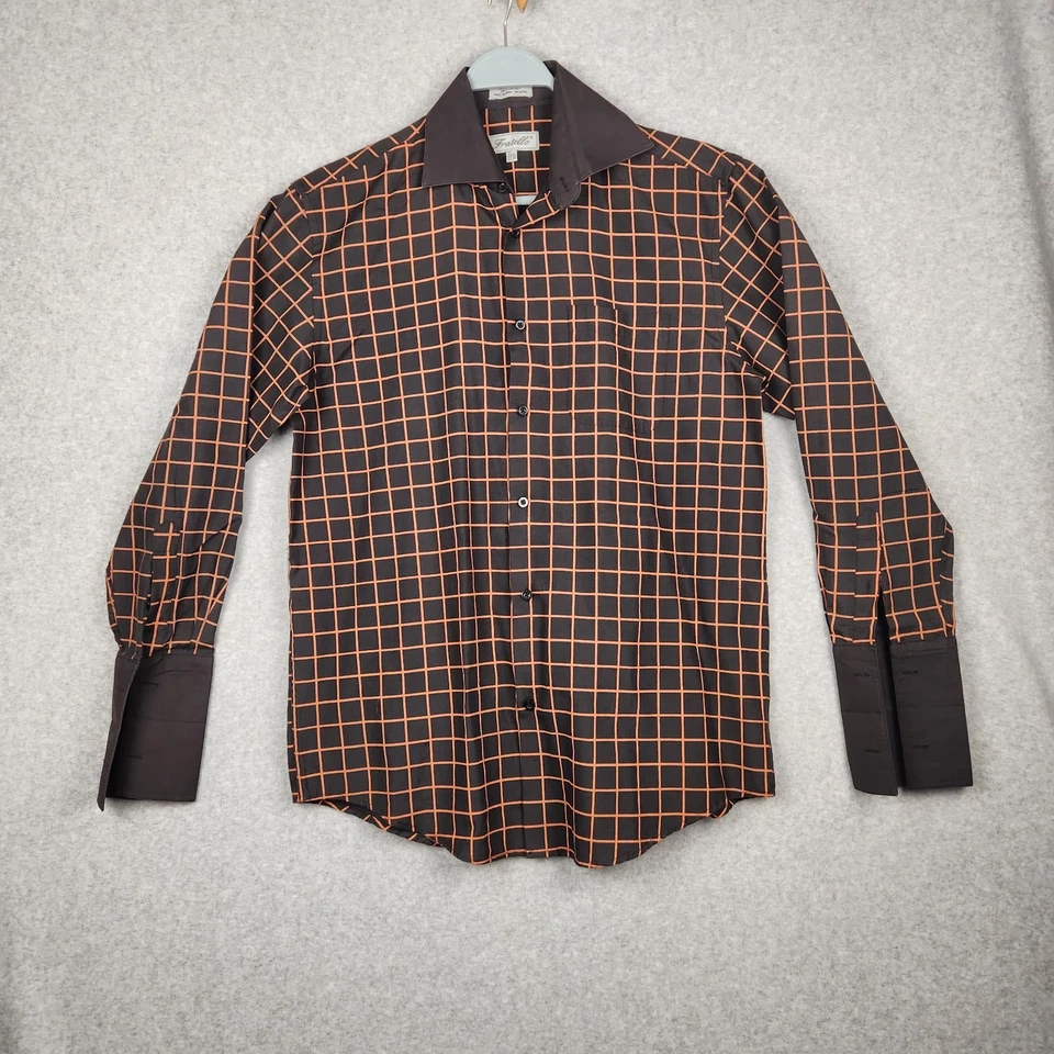 Camisa masculina Fratello 15.5 33-34 marrom laranja grade punho francês - Imagem 1 de 4