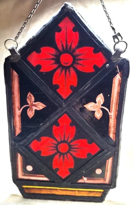 Antique Leaded Painted Fired Stained Glass 5"x9" Sun Catcher With Chain - Image 1 of 4