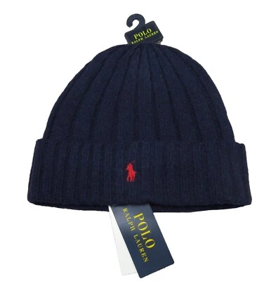 Gorro Polo Ralph Lauren masculino azul marinho/vermelho mistura de lã pônei punho com nervuras - Imagem 1 de 2