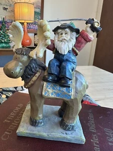 Santa Fishing Pole Fisherman On A Moose Christmas Statue Figurine Fish Riding - Picture 1 of 11