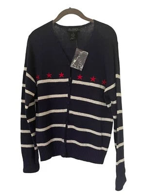 NWT All Points Knit Cardigan Sweater Patriotic Navy Blue Striped Red Stars Med - Imagem 1 de 4