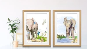 Wall Art Baby Elephants (Curious) set of 2 Poster Prints A3 - Picture 1 of 1