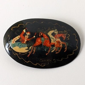 Vintage Sowjetisch Russische Handbemalte Troika Schwarz Lack Brosche - Bild 1 von 7