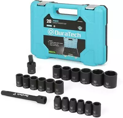 DURATECH 20PCS 1/2" Drive Impact Socket Set 6 Point Metric Extension Bar Adapter - Image 1 of 4