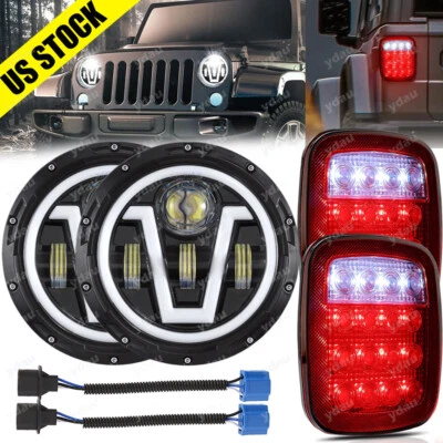 For Jeep Wrangler CJ 7" Inch LED Headlights Halo DRL + Tail Brake Lights Combo - Image 1 of 4