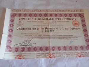 Vintage share certificate Stock Bond action Compagnie Generale Electricite 1930 - Picture 1 of 1