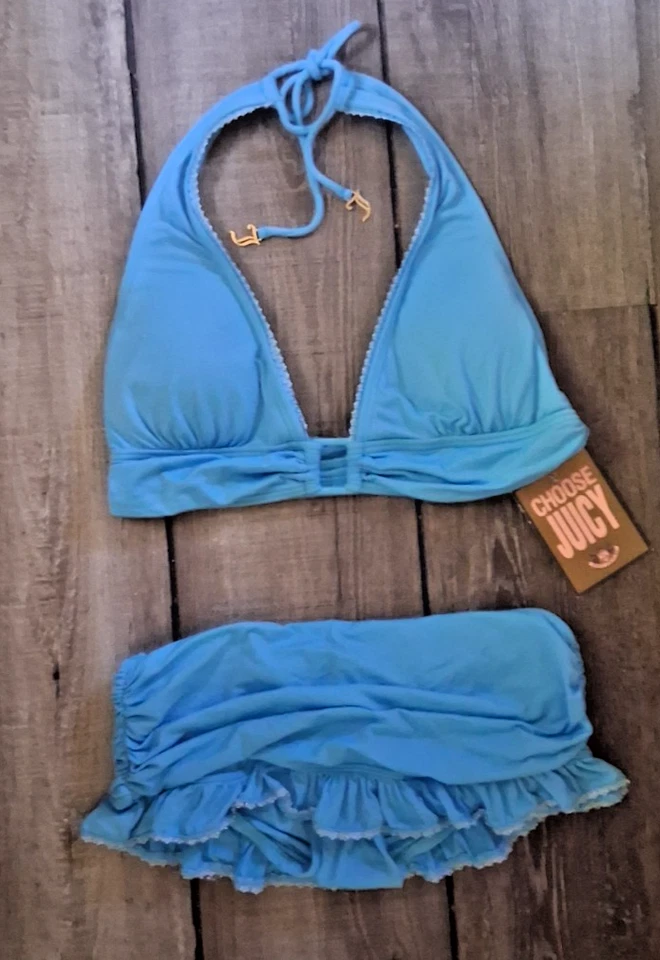 Juicy Couture Azul Salpicaduras Falda Halter Bikini Traje de Baño Grande Top Pequeño Botón Foto 1 de 4