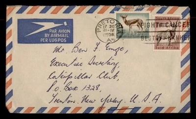 DR WHO 1958 SOUTH AFRICA AIRMAIL PRETORIA SLOGAN CANCEL TO USA w17363 - Image 1 of 2