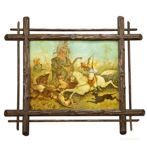 Antigua impresión al óleo con dramática escena de caza de tigres en la India siglo XIX - Imagen 1 de 8