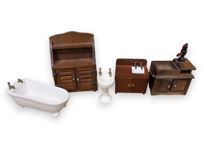 Mueble de baño vintage antiguo de porcelana de madera para casa de muñecas Foto 1 de 4