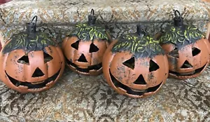 CAST IRON JACK-O-LANTERN TEA LIGHT LUMINARY Outdoor Hanging Two-Sided Pumpkin - Picture 1 of 7