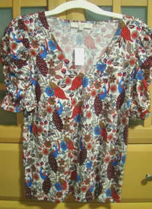 Ann Taylor Loft Gathered Cinched Sleeve Pullover Blouse Peacock Print NWT Size S - Picture 1 of 5