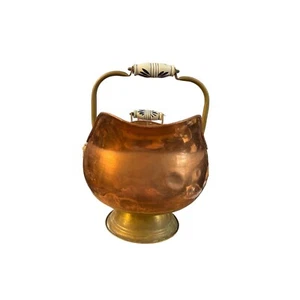 Copper Coal Scuttle Victorian Delft Blue Handle Brass Lion Head Log Basket Large - Picture 1 of 8