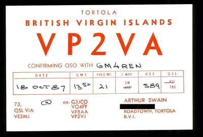 1 x QSL Card Radio British Virgin Islands VP2VA 1987 Tortola ≠ A193 - Image 1 of 2