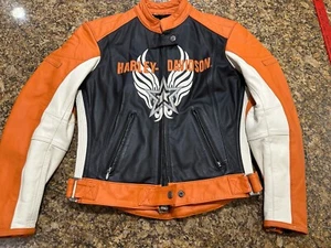 Harley Davidson Womens  Orange Black Star Racing Leather Jacket Size XS - Picture 1 of 24