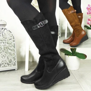 Mid Calf Wedge Boots Shoes Buckle Zip Platform High Heel Ladies Womens Boot Size - Picture 1 of 17