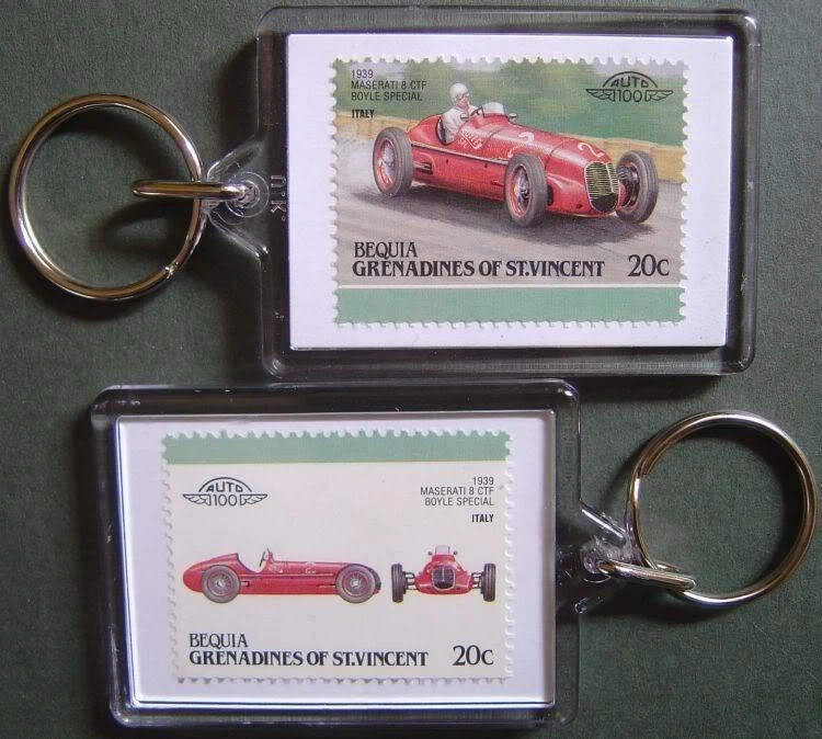 1939 MASERATI 8 CTF Boyle Special Car Stamp Keyring (Auto 100 Automobile) - Immagine 1 di 1