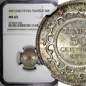 Tunisia Muhammad V Silver AH1334/1915 A 50 Centimes NGC MS65 SCARCE KM#237(038) - Picture 1 of 4