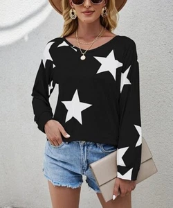 Básico Black & White Star Boatneck Long-Sleeve Top Size XL - Picture 1 of 3