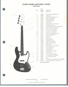 FENDER En muy buen estado 1986 SQUIER JAZZ BASS Lista de piezas Cableado de guitarra Diagrama 276500 ORIGINAL - Imagen 1 de 2