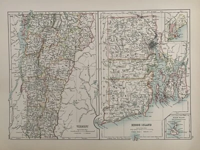 MAPA ANTIGUO ORIGINAL DE VERMONT & RHODE ISLAND 1897 A&C NEGRO 123 AÑOS Foto 1 de 3