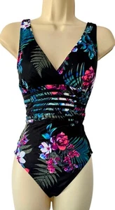 AquaGreen One Piece Swimsuit Swimwear Black Floral Snatch Waist Women Large NWT - Picture 1 of 3