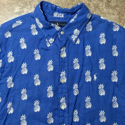Polo Ralph Lauren Shirt Mens XL 100% Linen Blue Pineapple Tropical Print Button - Image 1 of 4