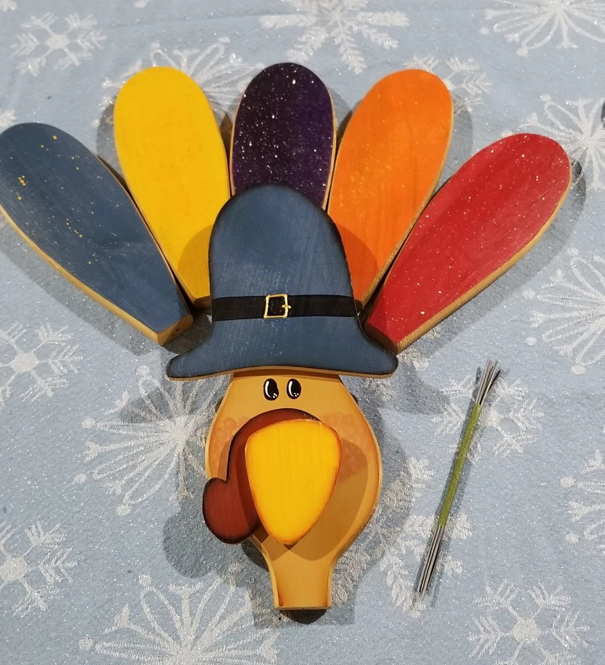 VTG Kitschy Primitive Wood Turkey W Feathers Staked Home Decor Lawn Yard Display - Image 1 of 1