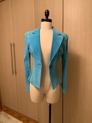 Mujer Karen Kane Corto Cuero Genuino Gamuza Azul Blazer Chaqueta Talla PS Foto 1 de 4